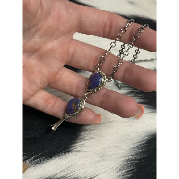 Native American Sterling Silver Purple Mojave 2 Stone Lariat Dangle Necklace - Picture 8 of 11